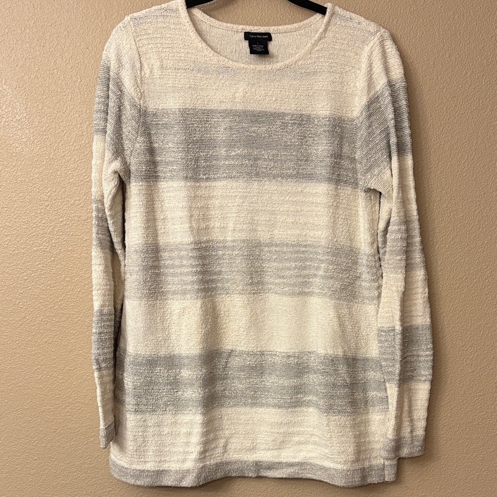 Calvin Klein Jeans Cream Gray Striped Knit Tunic Sweater Size Large